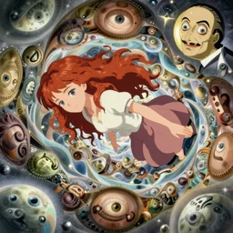a redhead woman falls into a dream within a dream within a dream within a dream within a dream, alex grey, salvador dali, fractal, surreal art, semi realistic anime, studio ghibli, makoto shinkai, award winning illustration, masterpiece, 8 k, trending on pixiv