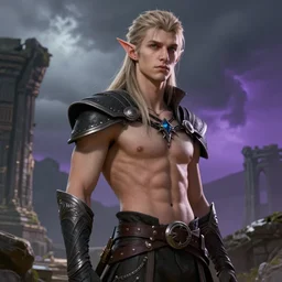 portrait of a slim young male elf from dragon age inquisition, photorealistic, ancient ruins in background, storm sky, gradient gray to purple, realistic, art by artgerm, matt rhodes and nick thornborrow, concept art, digital art, high detailed, smooth, sharp focus illustration, volumetric light, artstation