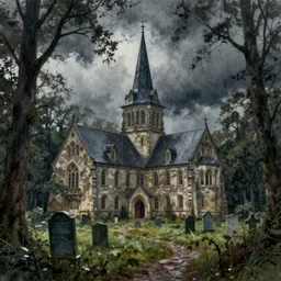 monastery in a dark and gloomy forest with a graveyard and epitaph, rainy and stormy sky, watercolor painting