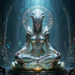 masterpiece poster of glistening elegant queen empress xenomorph alien goddess meditating lotus position, inside ominous glowing alien temple shrine incubator. in the style of aliens, by denis villeneuve, weta workshop, james cameron, h. r. giger, beautiful octane render, extremely intricate, epic composition, cinematic lighting,, trending on artstation, cinematic dramatic atmosphere, matte painting