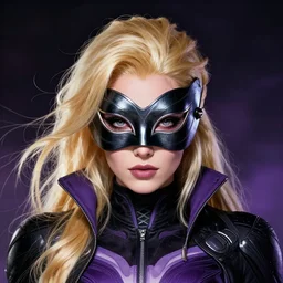 character concept portrait, symmetrical head - on centralized, dinah drake, mask, blond, black and violet costume. detailed, high quality, dynamic lighting, fantasy. artwork by artgerm, wlop, alex ross, greg rutknowski, alphonse mucha