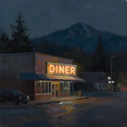 painterly, ((messy)), ominous! landscape of DINER!!! north bend, washington main street, dark, lonely!! 'glowing sign'!! twin peaks, by jon hale, brush strokes, visible texture