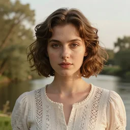 a woman with short wavy hair, round face, cottagecore!!, river, trees, golden hour, intricate, elegant, highly detailed, digital painting, artstation, concept art, smooth, sharp focus, illustration, art by artgerm and greg rutkowski and alphonse mucha