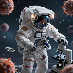 an epic portrait of an astronaut entering the micro realm of microscopic multiverse with a tiny micro spaceship, cinematic lighting, under a microscope, trending on Artstation, highly detailed, insane details
