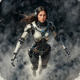 beautiful futuristic himba woman, robotic arms, weightless in space, hyperrealistic, scifi, concept art, watercolor, portrait, dark, muted colors