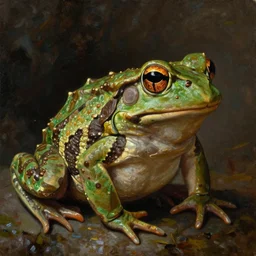 subject:  barbarian frog , style:  very detailed heavy textured rembrandt oil painting with dramatic light , very sharp detail