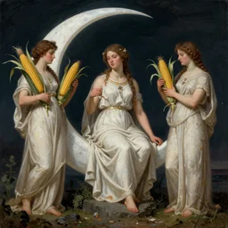 traditional sami art by alberto burri, by j. m. w. turner apocalyptic, tired. the digital art shows venus seated on a crescent moon. she is surrounded by the goddesses ceres & bacchus, who are both holding cornucopias.
