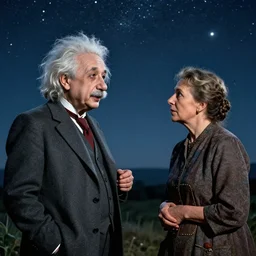 a starry sky with impression of Albert Einstein in the sky discussing with Marie Curie