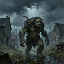 the undying troll, wandering through an abandoned town while it's storming. art by clint farthington the second, trending on artstation, fantasy, crisp