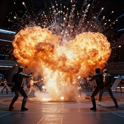 film still from the 1995 movie 'Future Ignition'. Exciting futuristic action scene with explosions. Sigma 85mm f/8