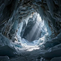 a photorealistic hyperrealistic render of an icy cave scene by greg rutkowski, wlop, artgerm, dramatic lighting, strong shadows, volumetric, cinematic atmosphere, octane render, artstation, 8 k