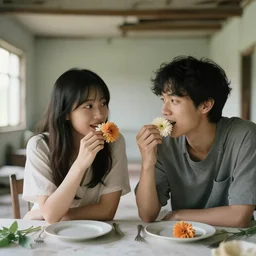 closeup portrait of a couple eating flowers at a dining table, in a desolate abandoned house, by Annie Leibovitz and Steve McCurry, natural light, detailed face, CANON Eos C300, ƒ1.8, 35mm, 8K, medium-format print