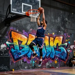 basketball dunking graffiti, digital illustration, hyperrealistic, award winning, trending on artstation, rendered in octane, rendered in unreal engine 5, beautiful colors, dark, gritty, urban