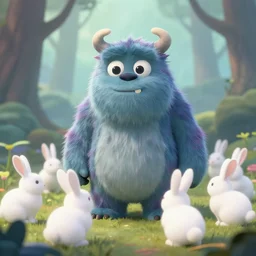 cute furry monster with a bucktooth, surrounded by white rabbits in the misty woods, Pixar concept art