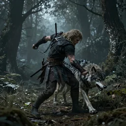 a chained man slowly turning into a werewolf at a dusky forest, in the elden ring style