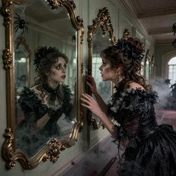 a beautiful victorian woman is frightened by her ugly twin in a mirror. she is in a long hallway of mirrors. beautiful face, victorian interior, with many mirrors, spiders, twins, elegant design, haunting atmosphere, cast dark shadows, dark lighting, gothic, horror style, scary, swirling fog, volumetric lighting, by greg rutkowski, realistic, dutch angle, zombies