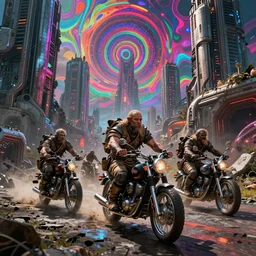psychedelic post apocalyptic orcish biker gang, scifi city ruins, sharp focus, psychedelic colors, boris vallejo, michael whelan