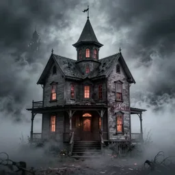 house on the hounted hill, horror, creepy, surreal, dreamscape, high quality, ultradetailed, sharp, artstation, 4 k, volumetric fog