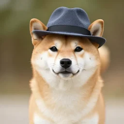 a shiba inu dog wearing a fedora
