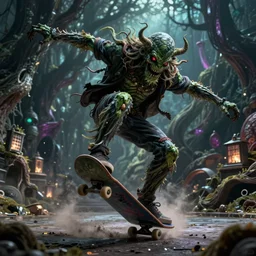 lovecraftian horror cthulhu doing a kickflip on a skateboard, unreal engine, extremely detailed