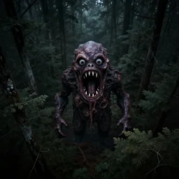 scary horror photograph of dark cursed forest, high angle shot, a giant meaty blob monster with eyes and toothy mouths rises above the treetops