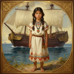 depiction of a curious barefoot native american girl with a ship in the background, d & d, fantasy, intricate, elegant, highly detailed, digital painting, artstation, concept art, smooth, sharp focus, illustration, art by artgerm and greg rutkowski and alphonse mucha