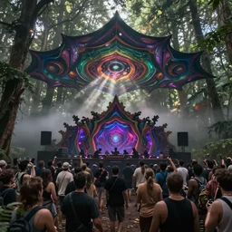 psytrance party in a secluded forest, mystical, psychedelic, fog