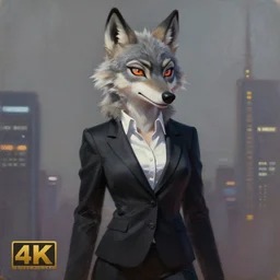 oil painting of anthromorphic female wolf, in style of cory loftis, female fursona, furry, furaffinity, 4 k, deviantart, furry art, fursona art, wearing black business suit, business suit, in style of zootopia, wolf fursona, cyberpunk, female, very expressive detailed feminine face,