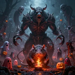 by par olofsson and wayne barlowe visually stunning, cinematic, ultra realistic, hyper realism, 1 2 k, epic, octane render, unreal engine, vfx, maya, life tap, doomguard, giant rat, imp master, spiritspeaker azun, felfire potion, the halloween tree, sad jack - o - lanterns, strawberry ghosts, nightmarish creatures, apocalyptic hellscapes