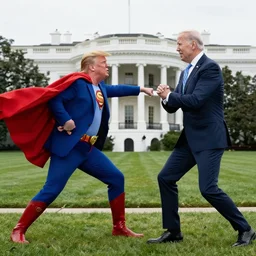 Donald Trump superhero striking Joe Biden in Whitehouse