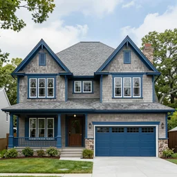 3 story home with slate mansard roof, ornate stained glass windows, cedar clapboard siding and blue trim, open porch with roman columns and 3 car attached garage