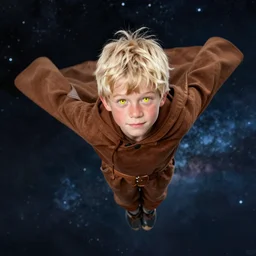 blonde boy with bright yellow eyes wearing a brown cape and flying in t pose, space background, greg rutkowski