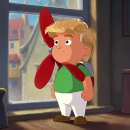 little ginger donald trump, wearing white pants and green shirt, in a room, closeup, old town through window, red propeller on his back, fantasy, concept art, artstation, disney, pixar, dreamworks, anime, tyler edlin, feng zhu, jparked, thomas karpi