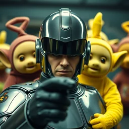 robocop arresting teletubbies, detailed facial expression, cinema still