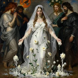 Blind beautiful woman with long hair under the white veil wearing a white dress and covered with melted white candle wax, candle wax flowers and plants grow from her body, by Michelangelo da Caravaggio. Ilya Repin, Mikhail Vrubel, William Blake and Beksinski, dramatic volumetric lighting, full body portrait, highly detailed oil painting, 4k, masterpiece