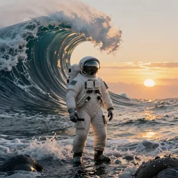 hyperdetailed atmospheric masterpiece concept art of an astronaut standing in the middle of the ocean with a gigantic tidal wave in the background, high quality trending on ArtStation by Simon Stalenhag, golden hour