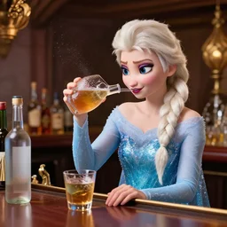 elsa from frozen drunk in a bar asking for more alcohol, liquor bottles, vodka