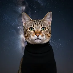 a bust portrait of a cat in a black turtleneck pullover, smiling, the milky way galaxy in the background, photography