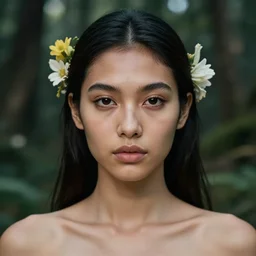 beautiful portrait, ( ( head shot ) ), taino, sharp focus, ffxiv, neo classic, bloom, movie still, symmetrical!, makeup, sephora, loreal, art by karol bak, artstation, art by ross draws, studio light, octane render, maybelline, model, skin care, sephora, forest background, traditional, vsco, bokeh, 8