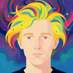 a colorful vibrant closeup portrait of a simple european man with blonde hair with a calm aesthetic face and dreaming psychedelic hair, by kawase hasui, moebius, edward hopper and james gilleard, zdzislaw beksinski, steven outram colorful flat surreal design, hd, 8 k, artstation