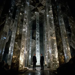 inside of an obsidian temple, dim interior, shiny crystalline columns, reflecting ambient light, by christophe vacher and bastien lecouffe - deharme