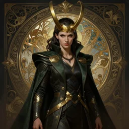 of a female Loki, dark fantasy, medium shot, intricate, ornate, elegant, highly detailed, digital painting, volumetric light, artstation, concept art, smooth, sharp focus, illustration, art by Gil Elvgren and Charlie Bowater and Greg Rutkowski and Alphonse Mucha