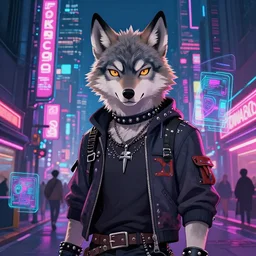 beautiful commission digital art portrait commission of an androgynous furry anthro wolf wearing punk clothes in the streets of a cyberpunk city. neon signs, detailed background, futuristic adverts, holographics. character design by zaush, rick griffin, tessgarman, angiewolf, rube, miles df, smileeeeeee, furlana, fa, furraffinity