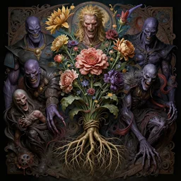the platonic ideal of flowers and roots of cletus kasady ultimate carnage thanos dementor doctor manhattan chtulu nazgul, detailed, intricate, hyperrealism, intense, scary, decay, dmt, art by brock hofer and artgerm and greg rutkowski and alphonse mucha