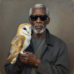 old black man holding barn owl, shades black, oil painting by aaron douglas,