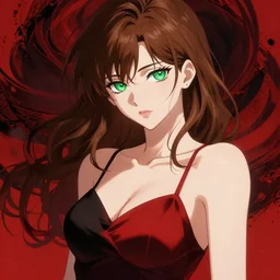 sexy girl with brown hair and green eyes, wearing a camisole, red and black color palette, in the style of and ilya kuvshinov and greg rutkowski, high quality anime artstyle, intricate
