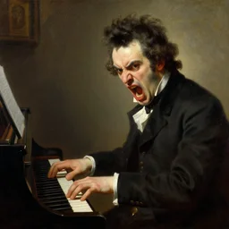 angry franz schubert playing piano and screaming, a very detailed oil painting, by josef kriehuber, classical oil painting