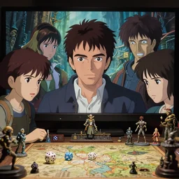 film still stranger thing, schwarzenegger beckinsale charlize theron lawther playing dnd, gm screen. dices, map and miniatures, finely detailed features, closeup at the faces, perfect art, at an ancient city, gapmoe yandere grimdark, trending on pixiv fanbox, painted by greg rutkowski makoto shinkai takashi takeuchi studio ghibli, akihiko yoshida