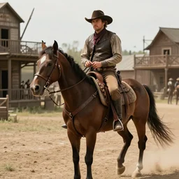 sam elliot as a cowboy on a horse in a steampunk western town
