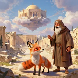 a adorable small fox in the huge ruins of the second temple in jerusalem in the distance. the third temple hovers quietly hiding in the dreamy clouds above. a hooded bearded old man in a brown tunic laughing, colorful 8 k, art station, intricate superb details, digital art, illusion painting hidden temple.